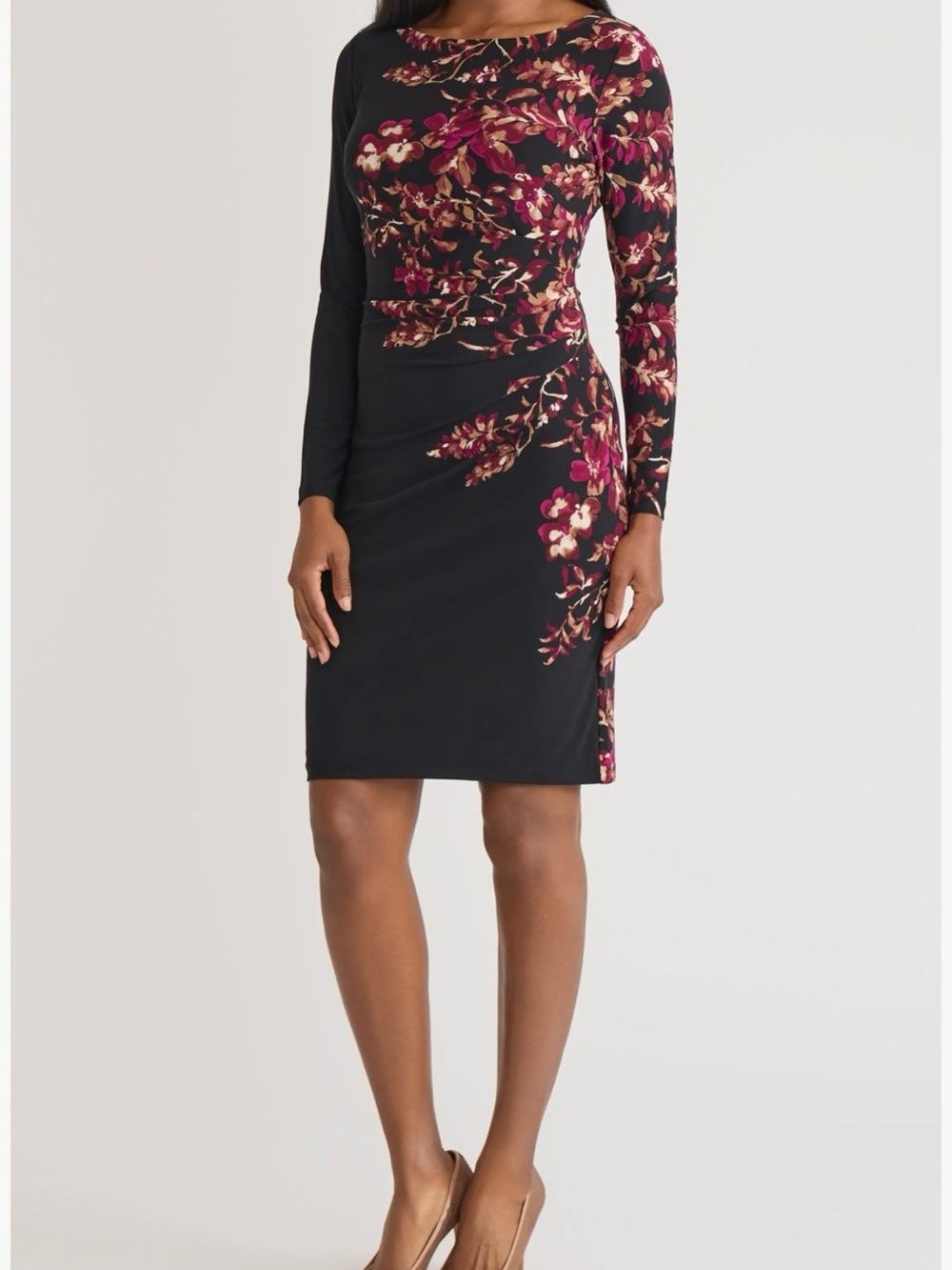 Kasper Black Floral Long-Sleeve Sheath Dress